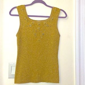 ONCE 1 AGAIN Gold Holiday Sparkly Pearls sweater Tank Top sz PM Like New Stretch